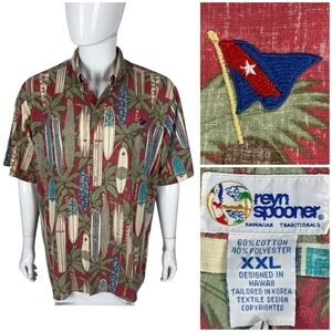 Reyn Spooner Mens 2XL Hawaiian Shirt Red Floral Surf Cotton Vintage Surfboard